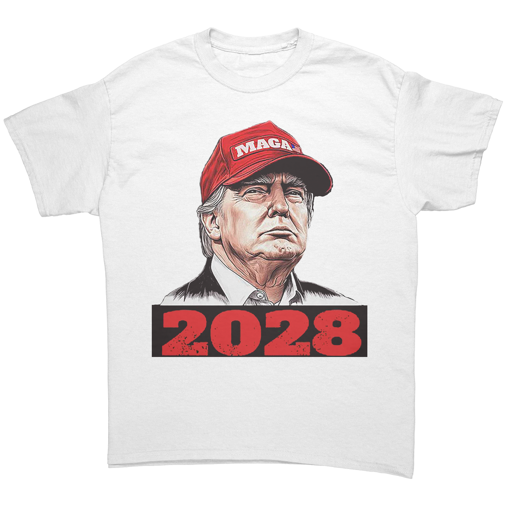 Trump Maga 2028 Visionary Gear graphic tee featuring Donald Trump and 2028 text.