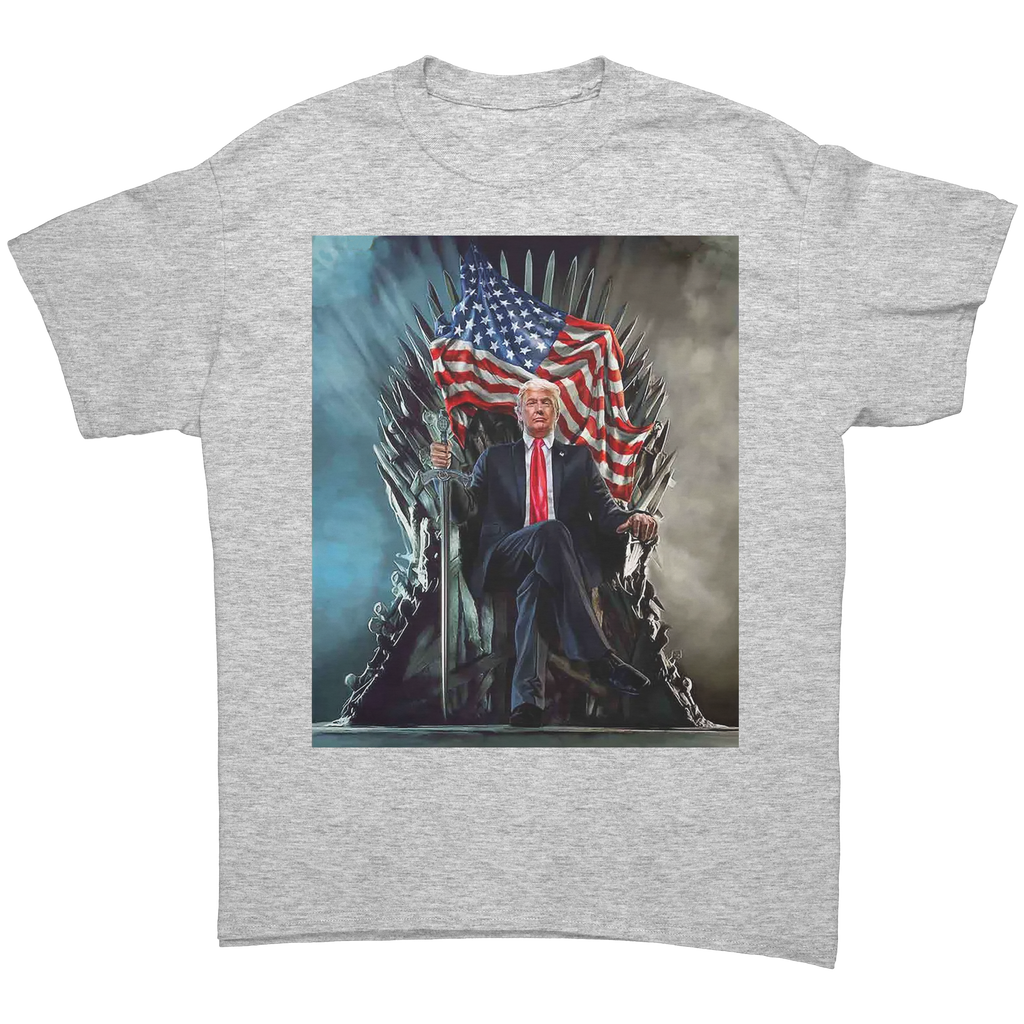 Trump On Throne American Flag Tee featuring Trump sitting on a throne with an American flag.