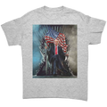 Trump On Throne American Flag Tee featuring Trump sitting on a throne with an American flag.