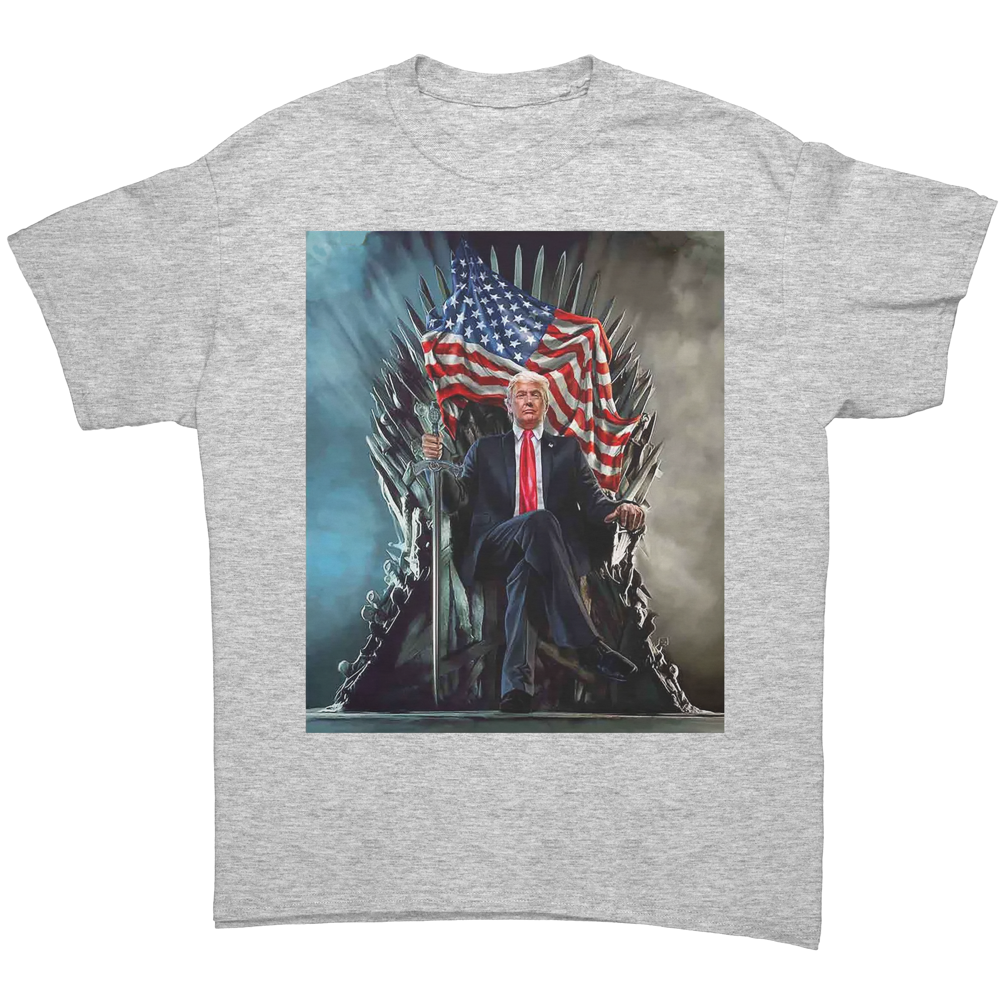Trump On Throne American Flag Tee featuring Trump sitting on a throne with an American flag.