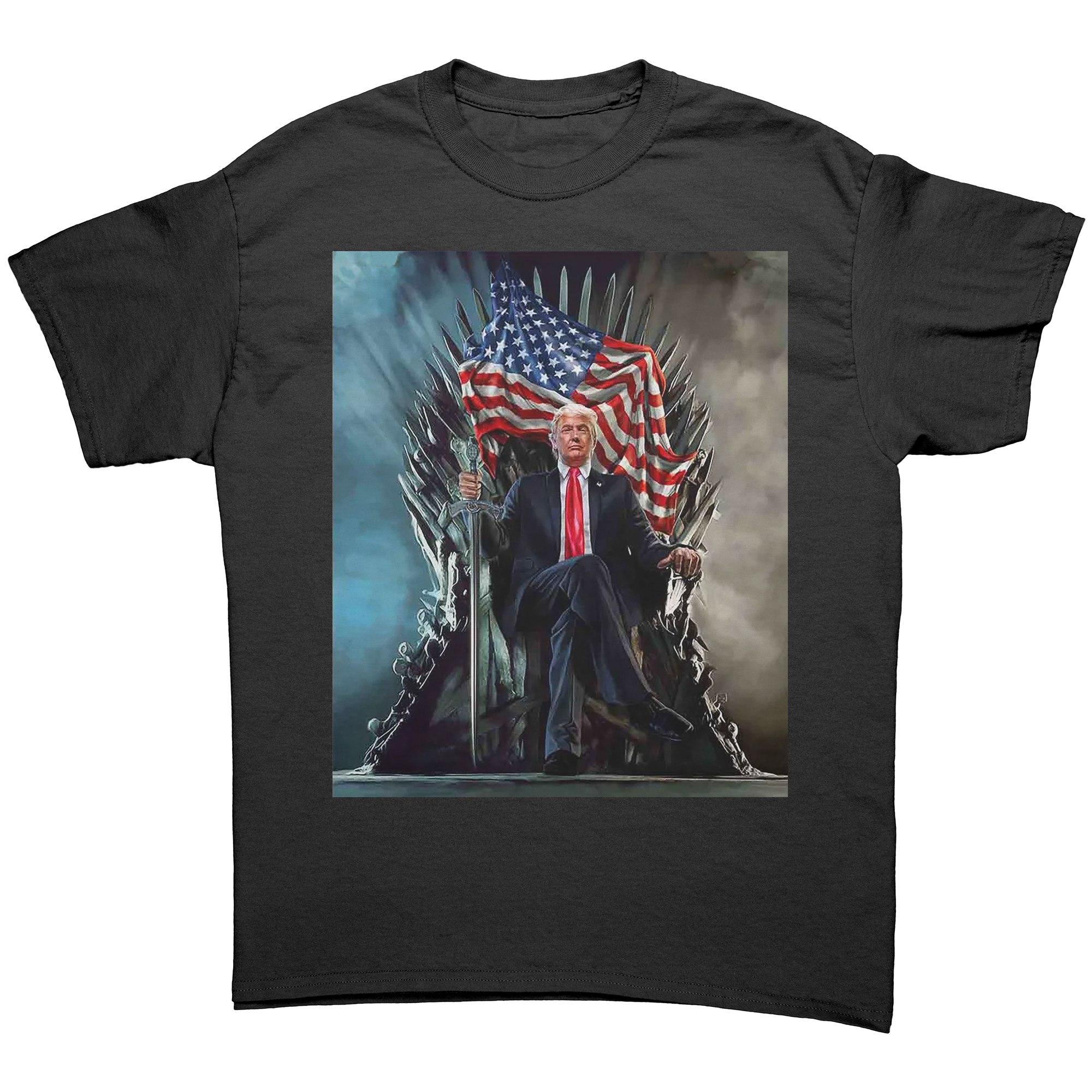 Trump On Throne American Flag Tee featuring a graphic of Trump on a throne holding the American flag.