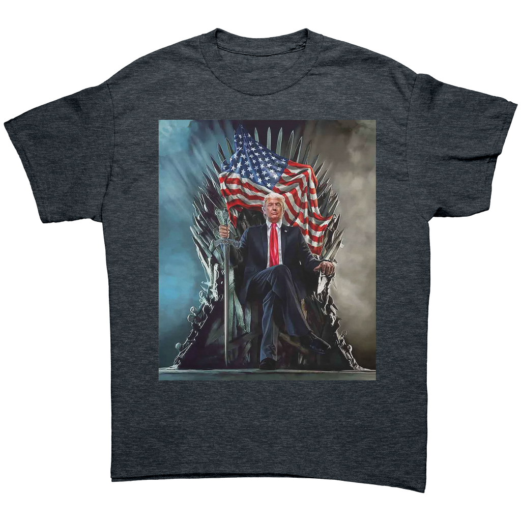 Trump On Throne American Flag Tee featuring a graphic of Trump on a throne with an American flag.