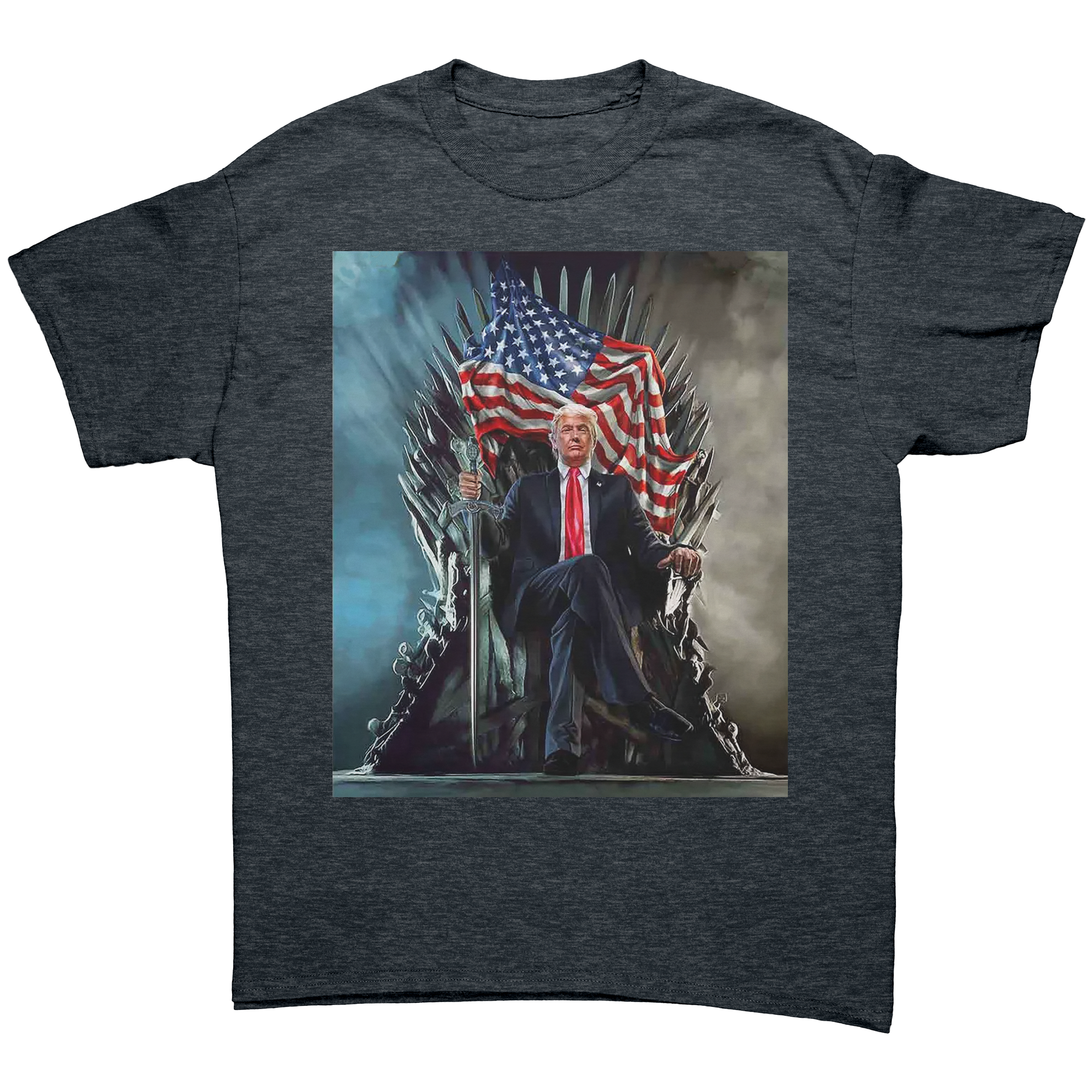 Trump On Throne American Flag Tee featuring a graphic of Trump on a throne with an American flag.