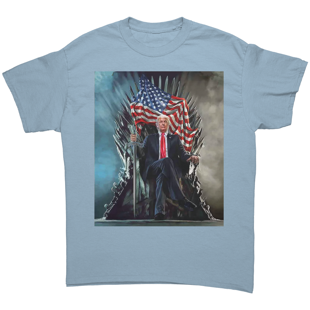 Trump On Throne American Flag Tee featuring Trump seated on a throne with an American flag.