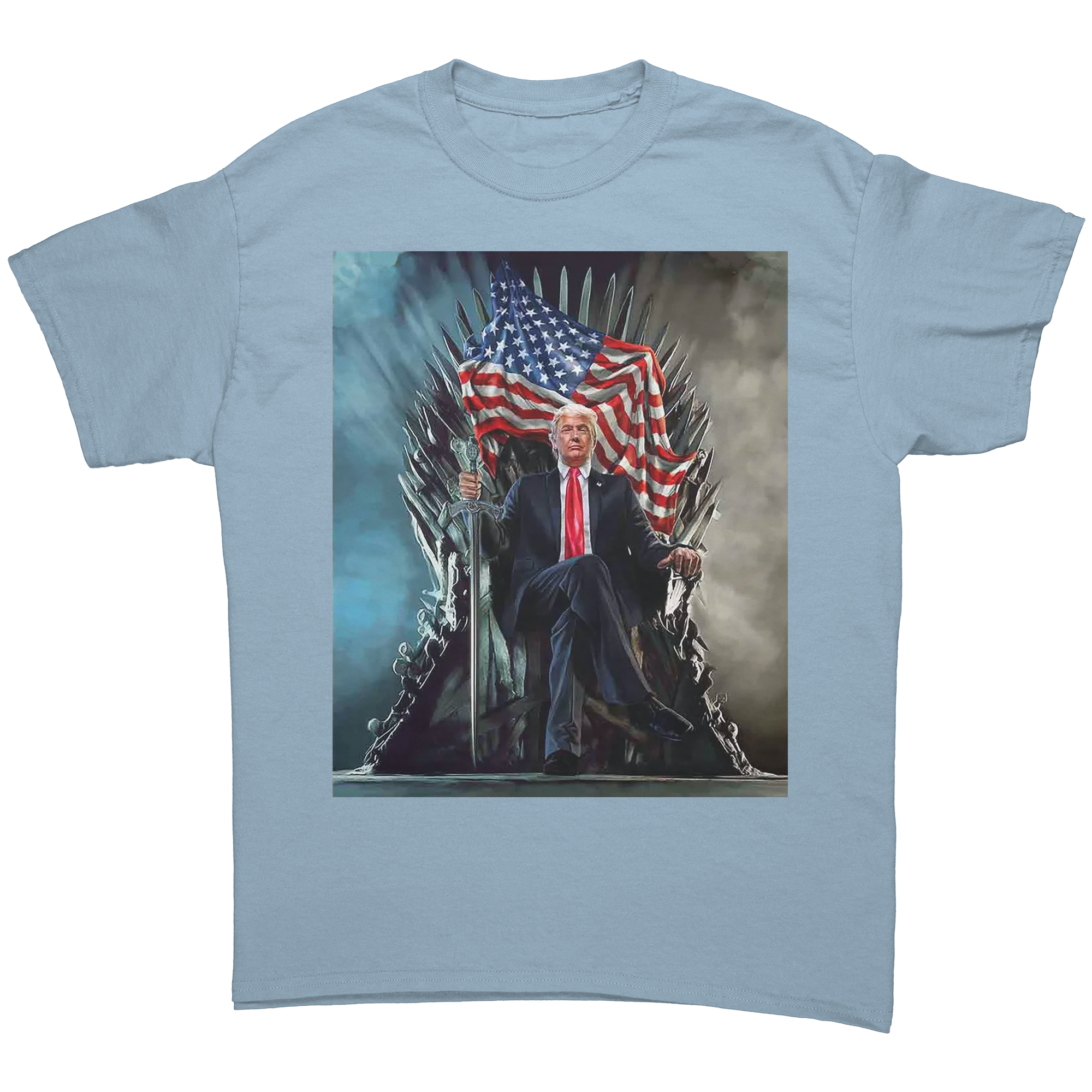 Trump On Throne American Flag Tee featuring Trump seated on a throne with an American flag.