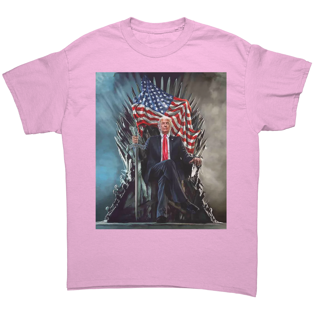 Trump On Throne American Flag Tee featuring Donald Trump seated on a throne with an American flag.
