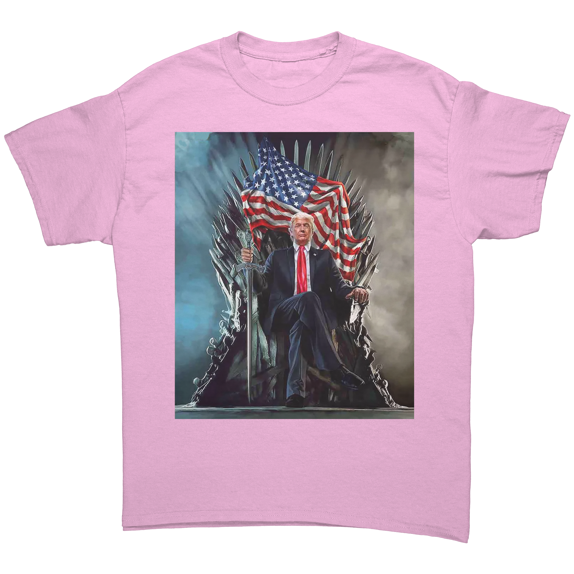 Trump On Throne American Flag Tee featuring Donald Trump seated on a throne with an American flag.