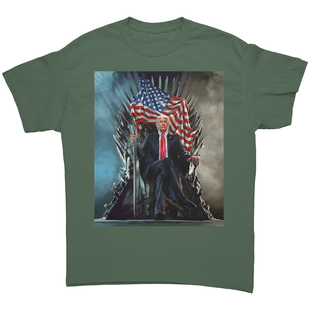 Trump On Throne American Flag Tee featuring a graphic of Trump sitting on a throne with an American flag.