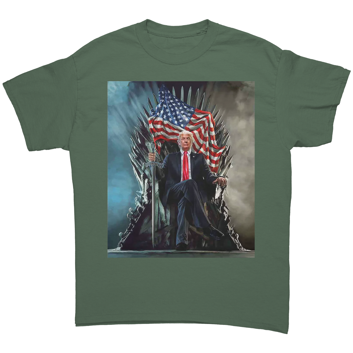 Trump_On_Throne_With_USA_Flag_Military_Green_Front_Mockup.png