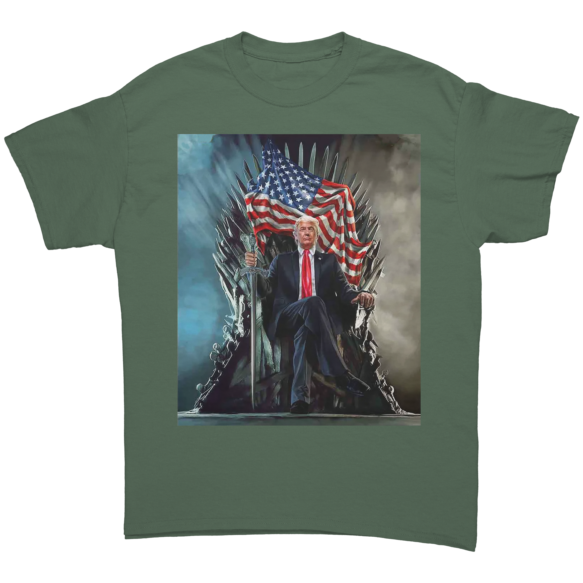 Trump On Throne American Flag Tee featuring a graphic of Trump sitting on a throne with an American flag.