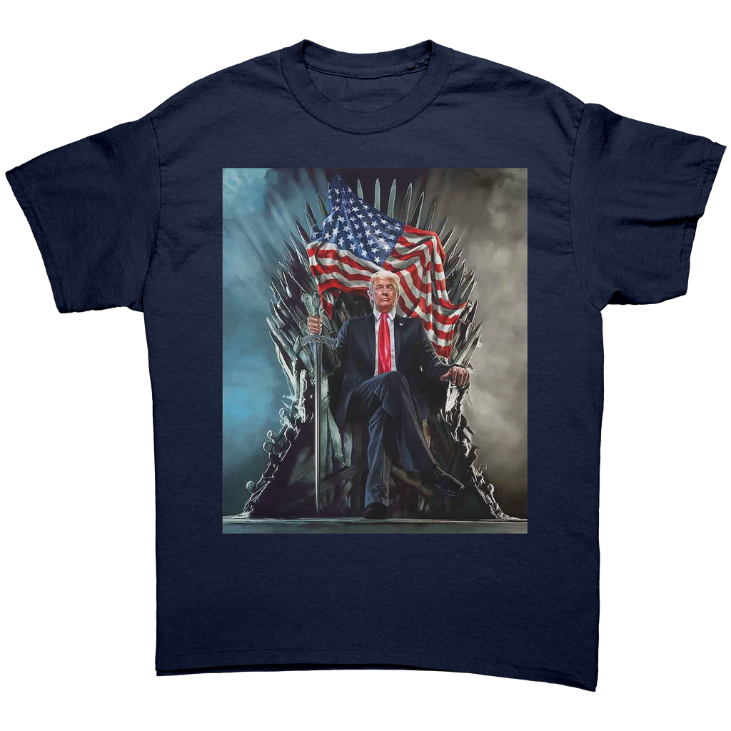 Trump On Throne American Flag Tee featuring a graphic of Trump seated on a throne with an American flag.
