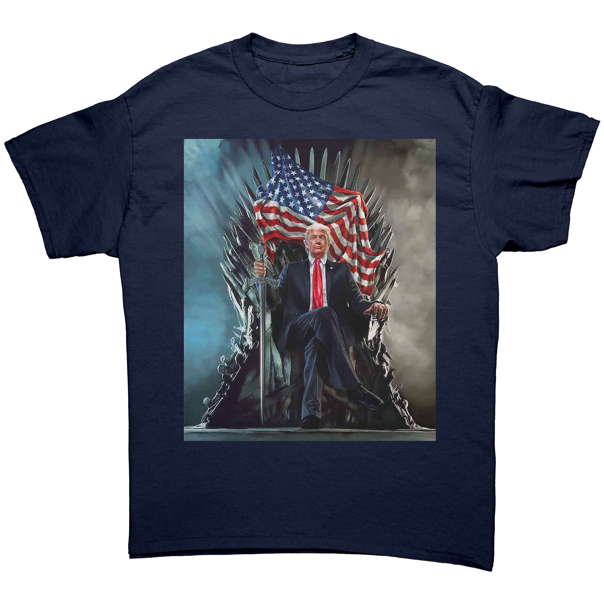 Trump On Throne American Flag Tee featuring a graphic of Trump seated on a throne with an American flag.