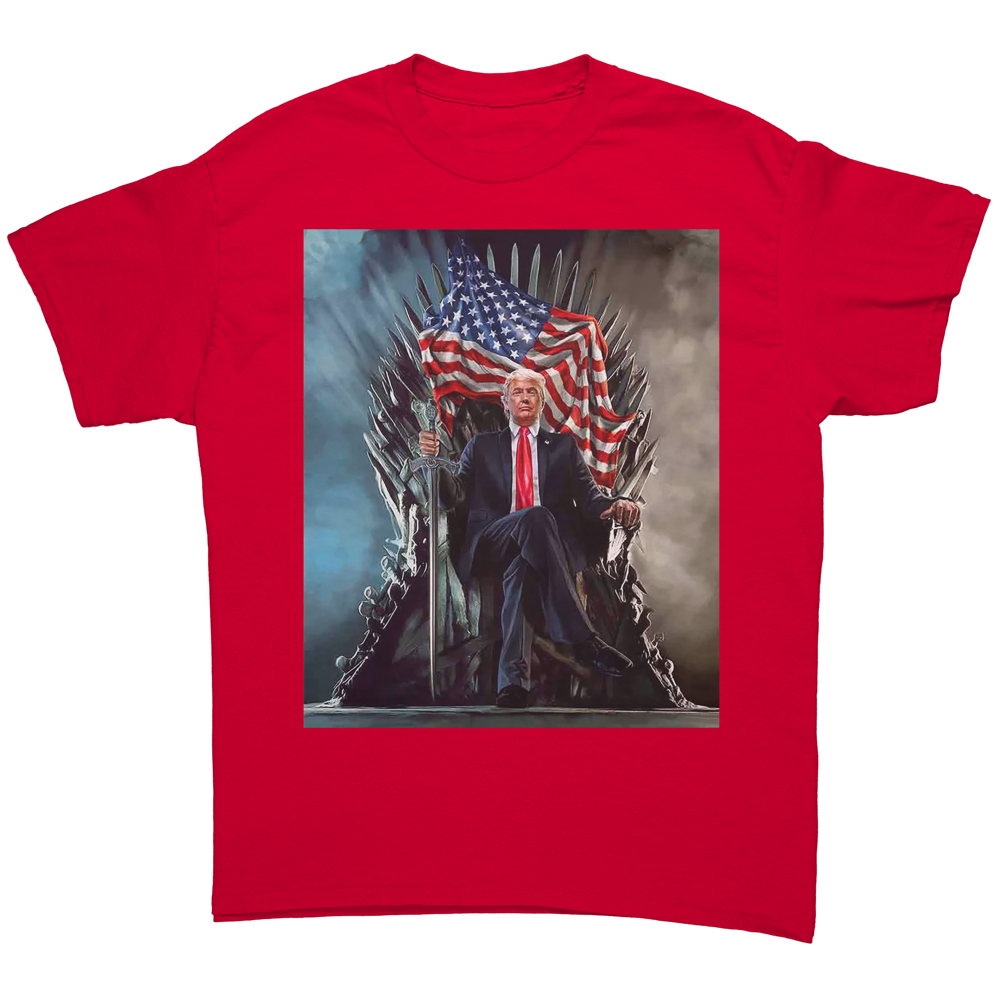 Trump On Throne American Flag Tee featuring Donald Trump seated on a throne with an American flag.
