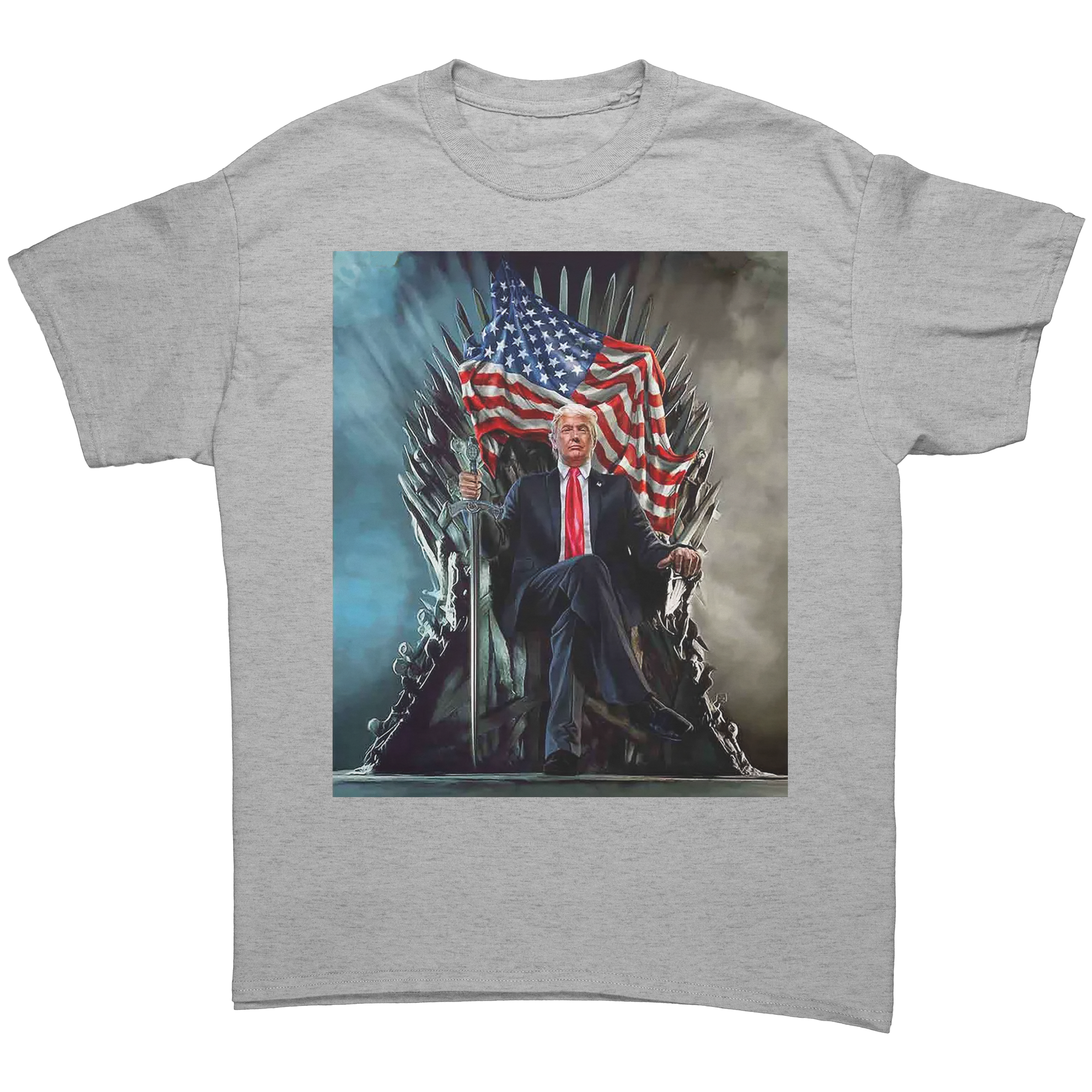 Trump On Throne American Flag Tee featuring Trump seated on a throne with an American flag.