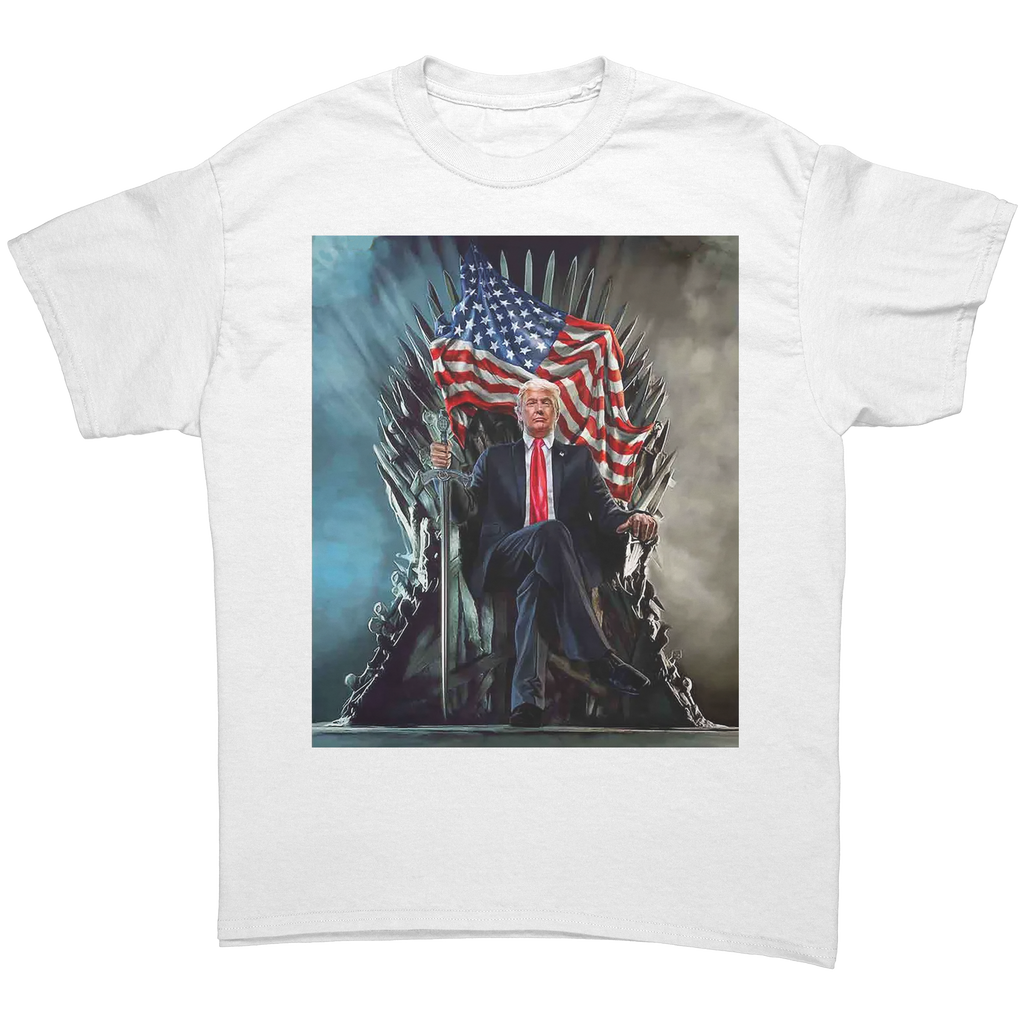 Trump On Throne American Flag Tee featuring a graphic of Trump sitting on a throne with an American flag.