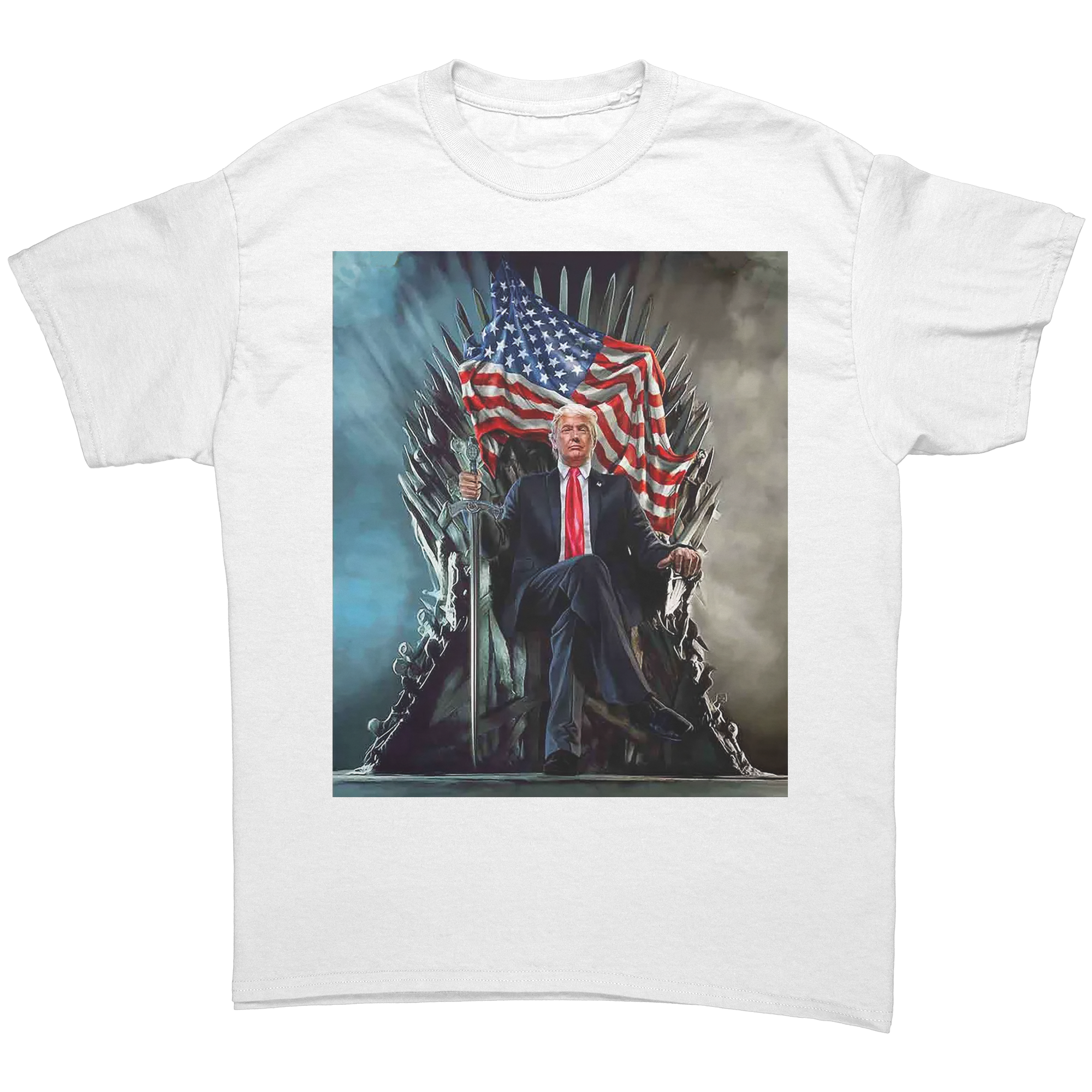 Trump On Throne American Flag Tee featuring a graphic of Trump sitting on a throne with an American flag.