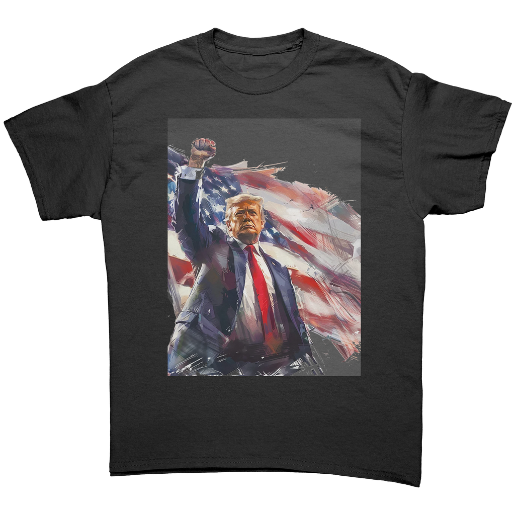 Trump Fist Up Stars And Stripes graphic tee featuring a patriotic design with a raised fist.