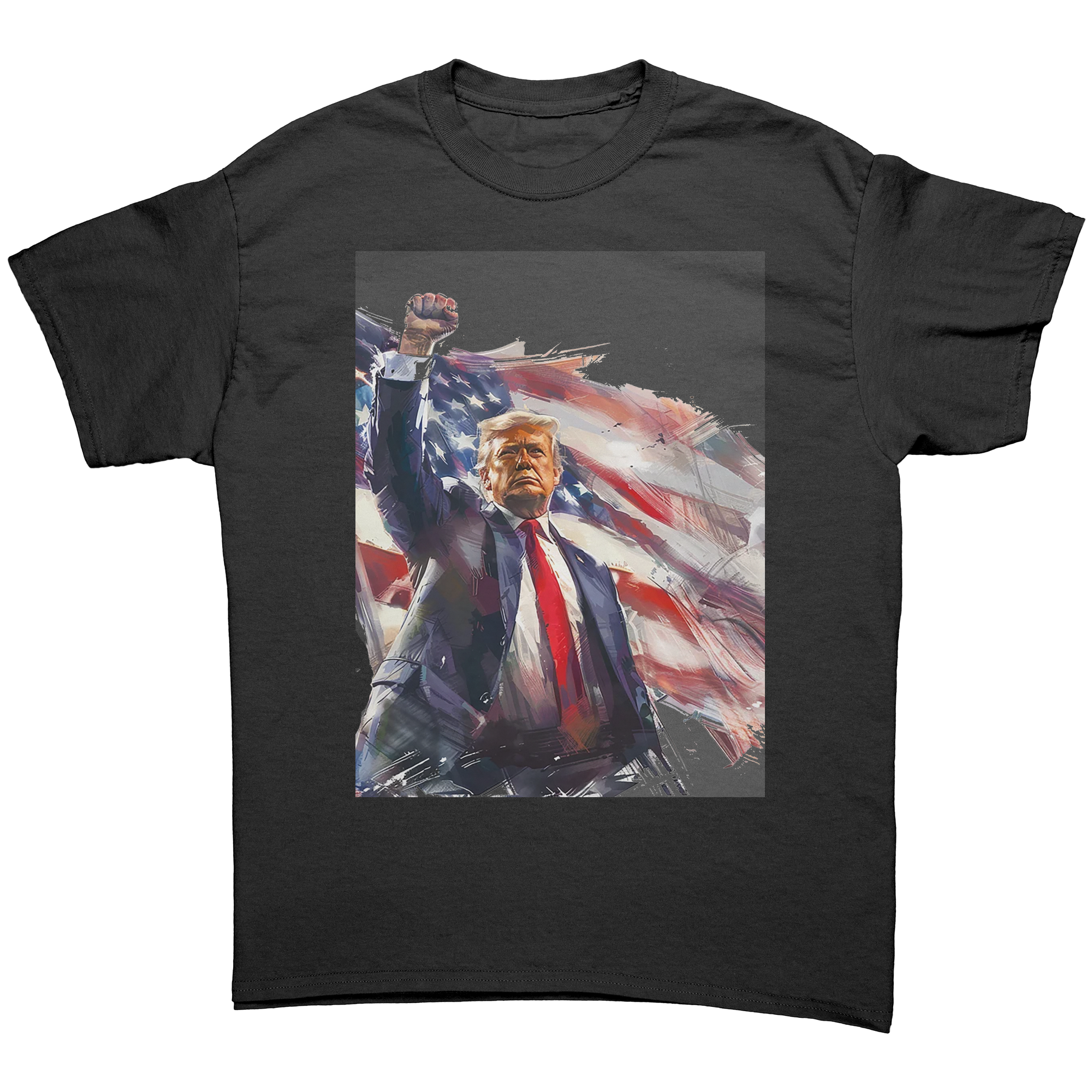 Trump Fist Up Stars And Stripes graphic tee featuring a patriotic design with a raised fist.