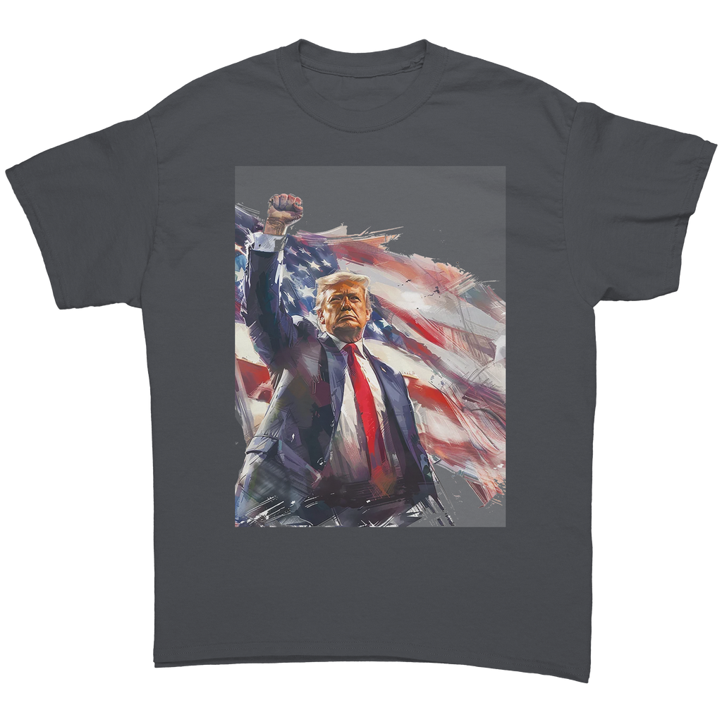 Trump Fist Up Stars And Stripes graphic tee featuring an illustration of Trump with the American flag.