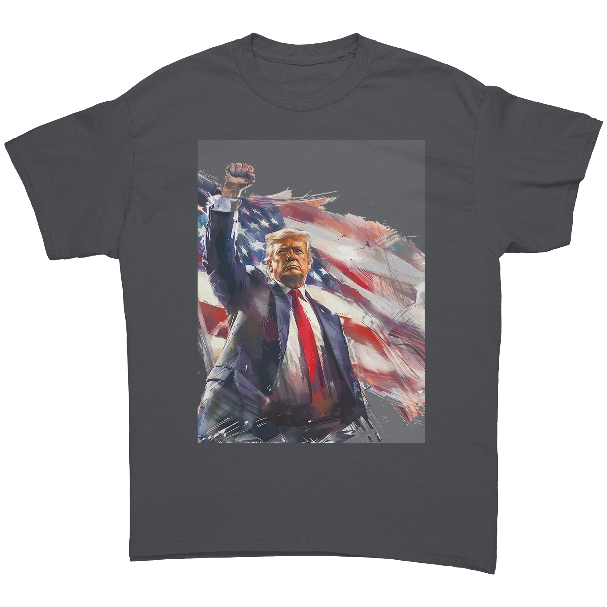 Trump Fist Up Stars And Stripes graphic tee featuring an illustration of Trump with the American flag.