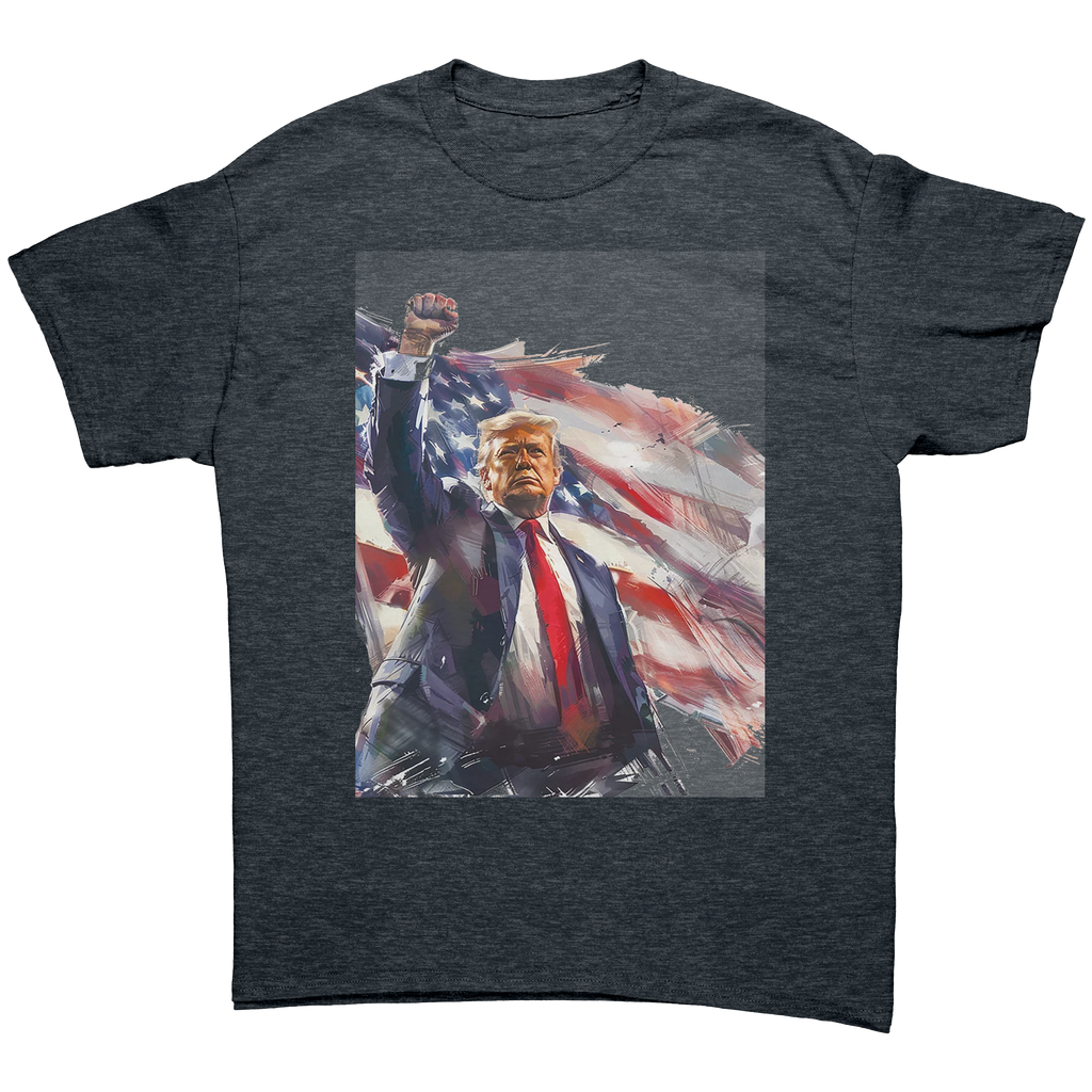 Trump Fist Up Stars And Stripes graphic tee featuring a patriotic design with an American flag.