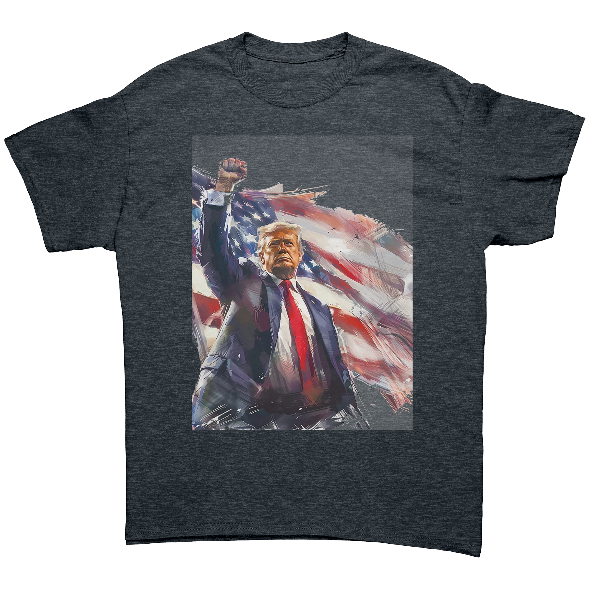 Trump Fist Up Stars And Stripes graphic tee featuring a patriotic design with an American flag.