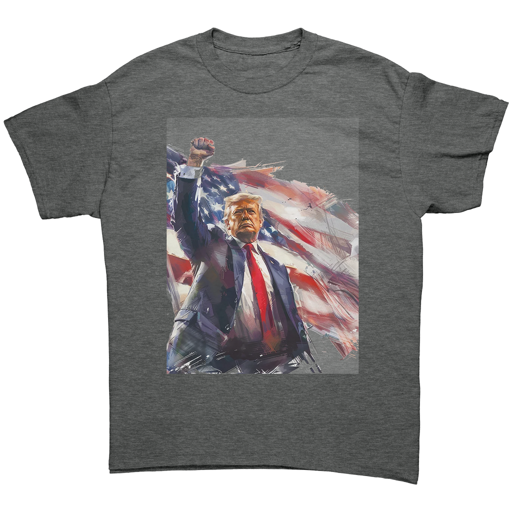 Trump Fist Up Stars And Stripes graphic tee featuring a bold design of Trump against an American flag backdrop.