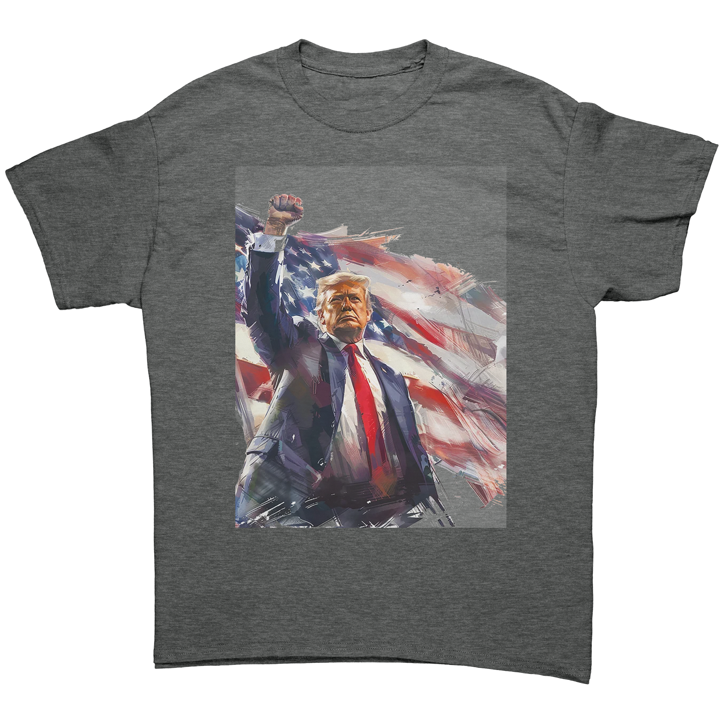 Trump_Raising_Fist_on_Flag_Graphite_Heather_Front_Mockup.png