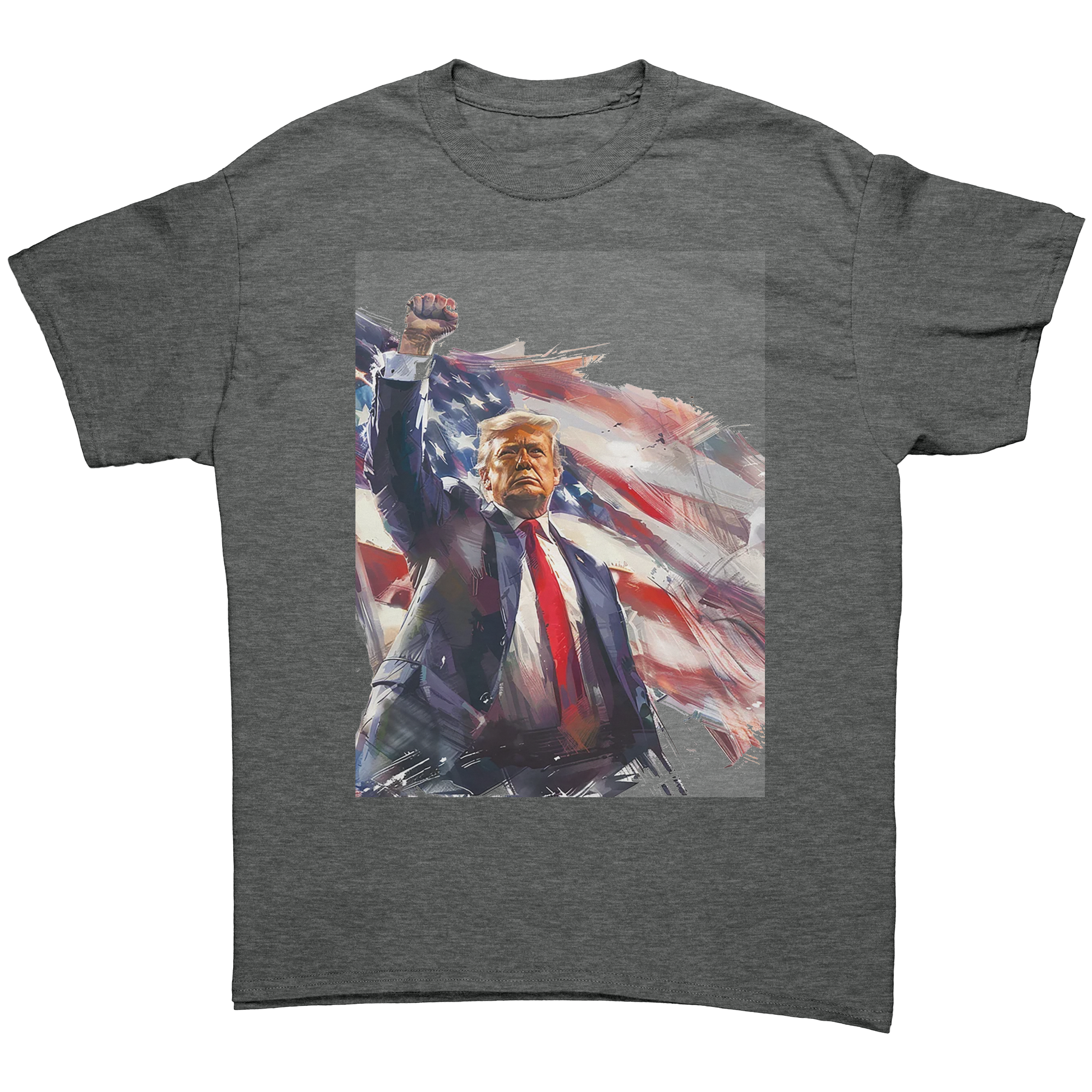 Trump Fist Up Stars And Stripes graphic tee featuring a bold design of Trump against an American flag backdrop.