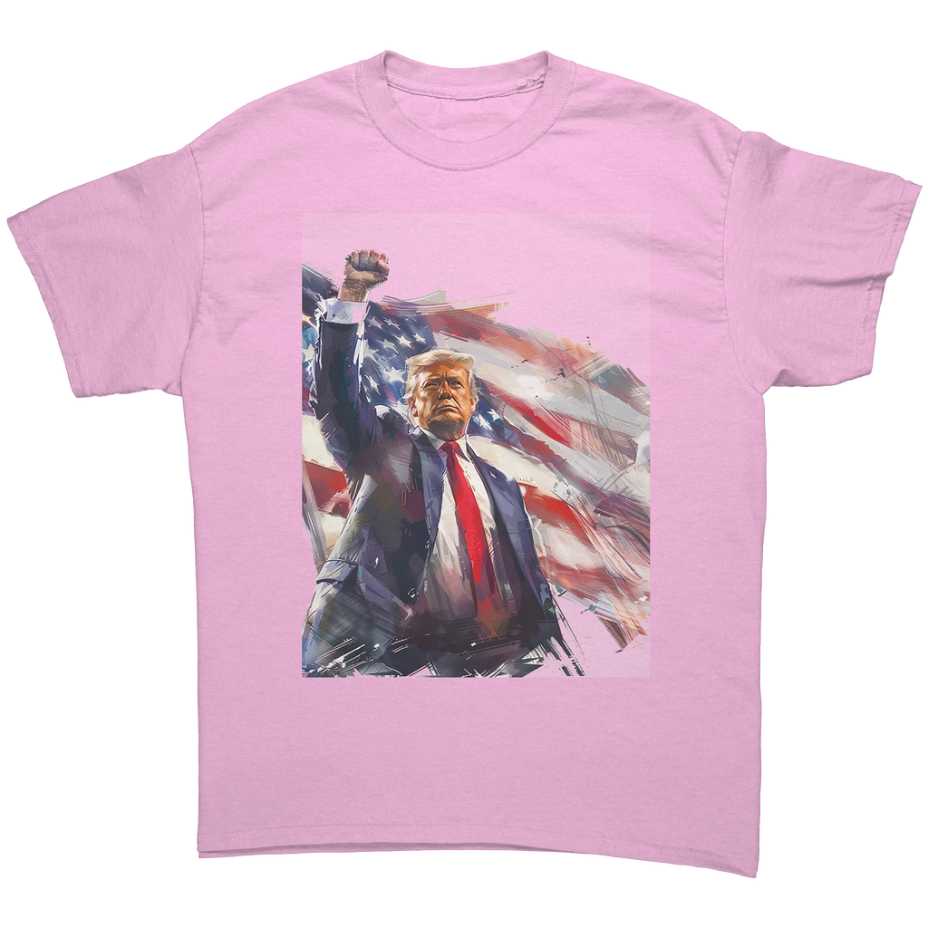 Trump Fist Up Stars And Stripes graphic tee featuring an illustration of Trump with American flag background.