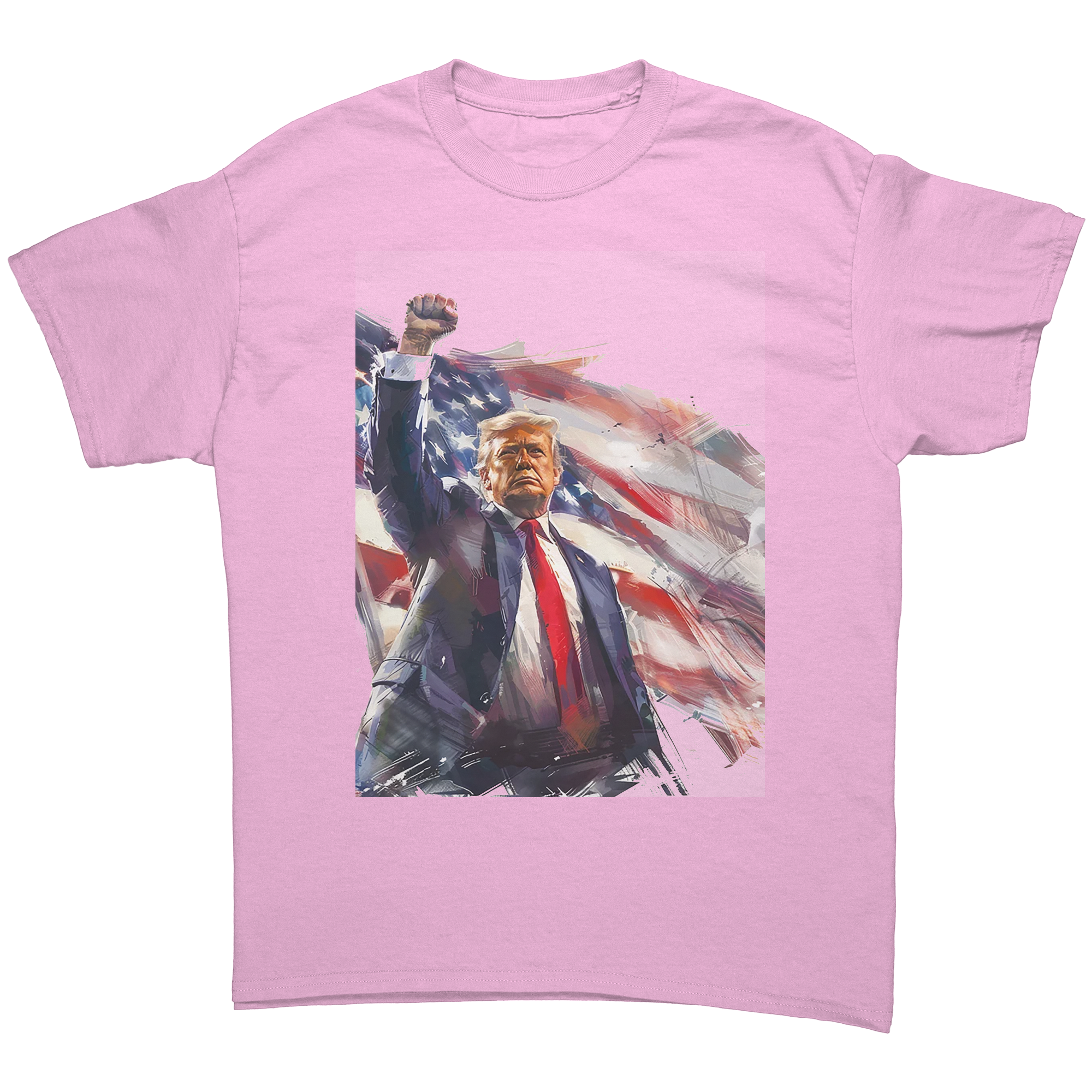 Trump Fist Up Stars And Stripes graphic tee featuring an illustration of Trump with American flag background.