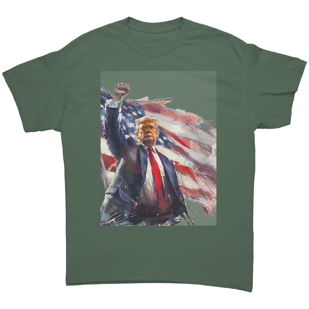 Trump Fist Up Stars And Stripes graphic tee featuring a bold design of Trump with American flag.