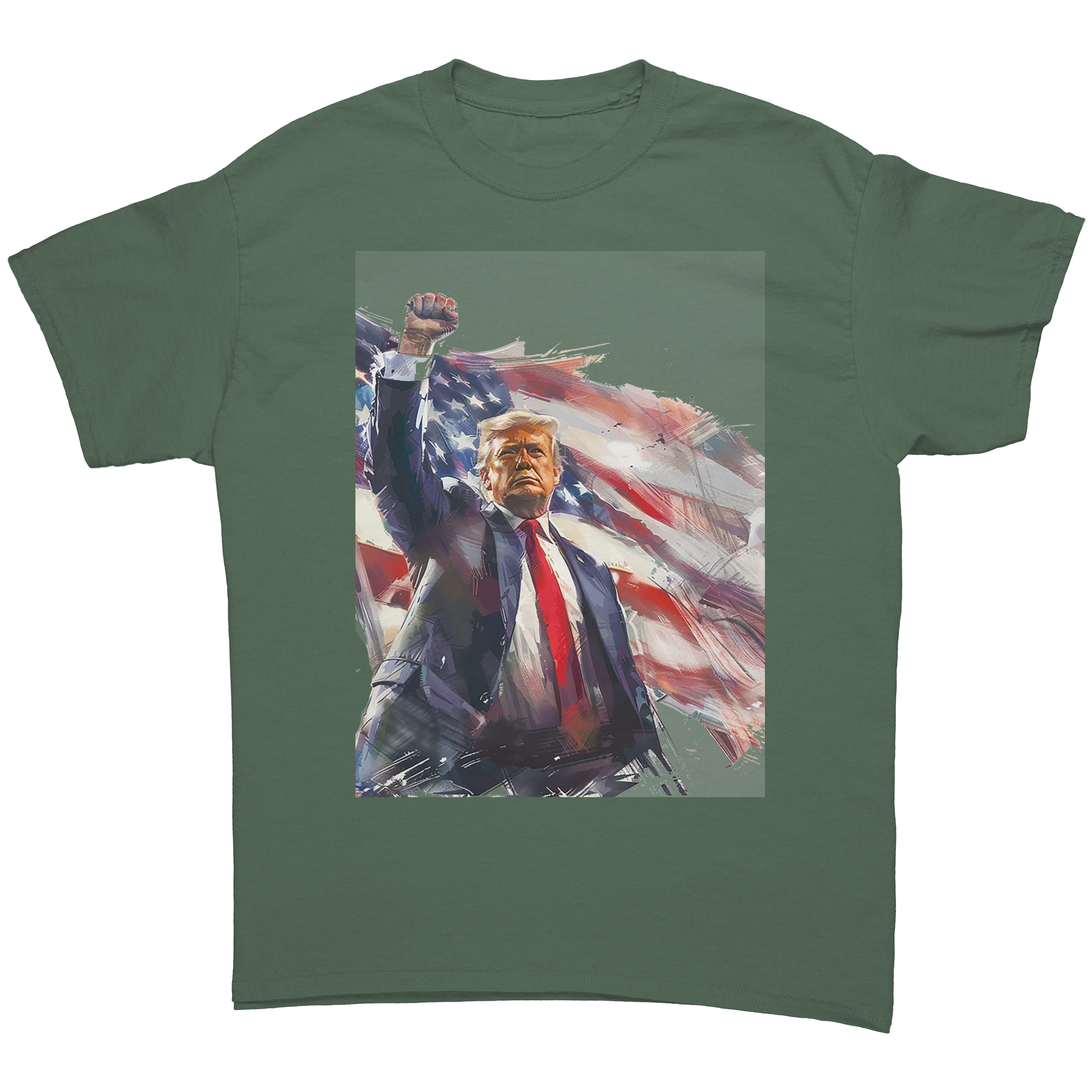 Trump Fist Up Stars And Stripes graphic tee featuring a bold design of Trump with American flag.
