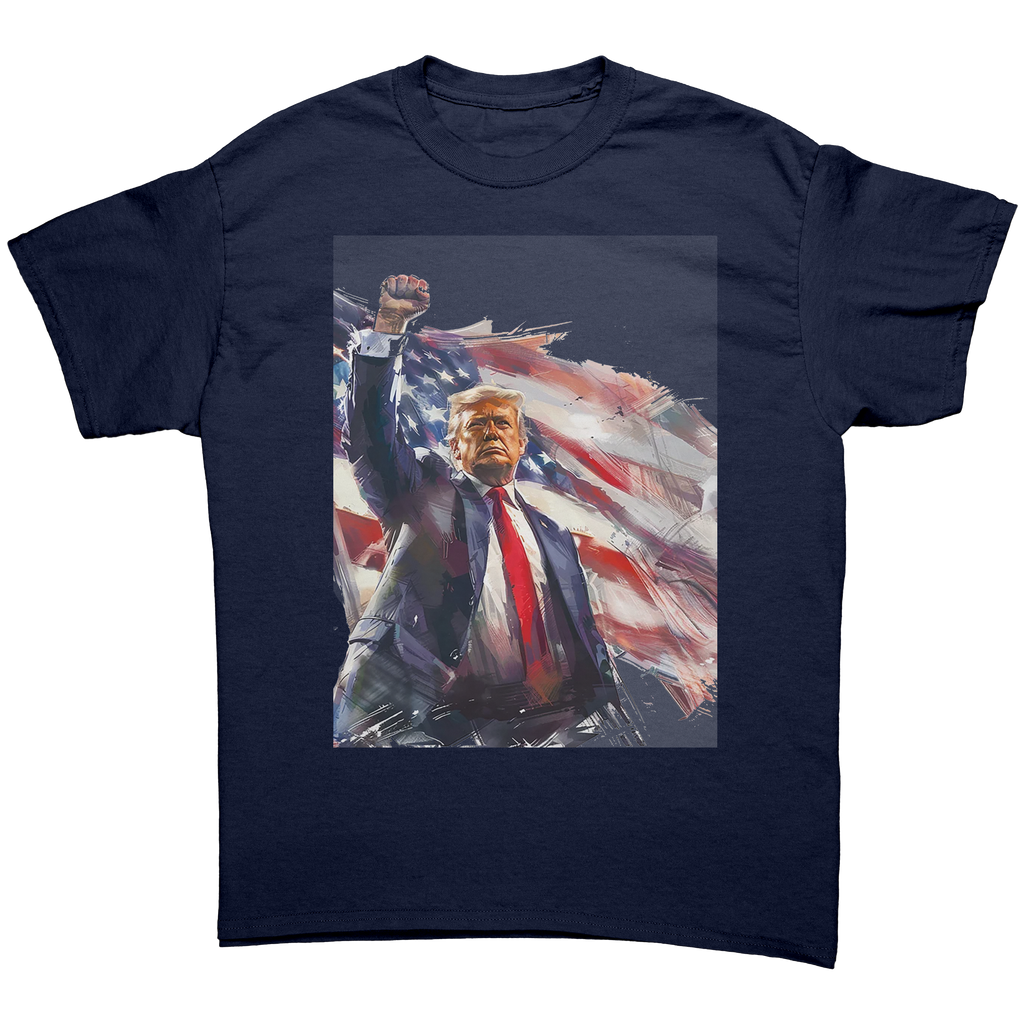 Trump Fist Up Stars And Stripes graphic tee featuring a bold design of Trump with an American flag background.