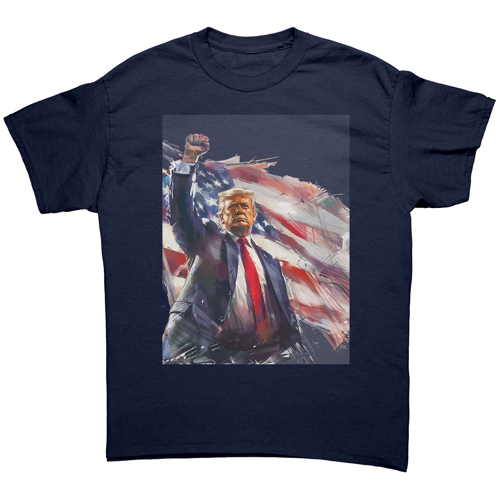 Trump Fist Up Stars And Stripes graphic tee featuring a bold design of Trump with an American flag background.