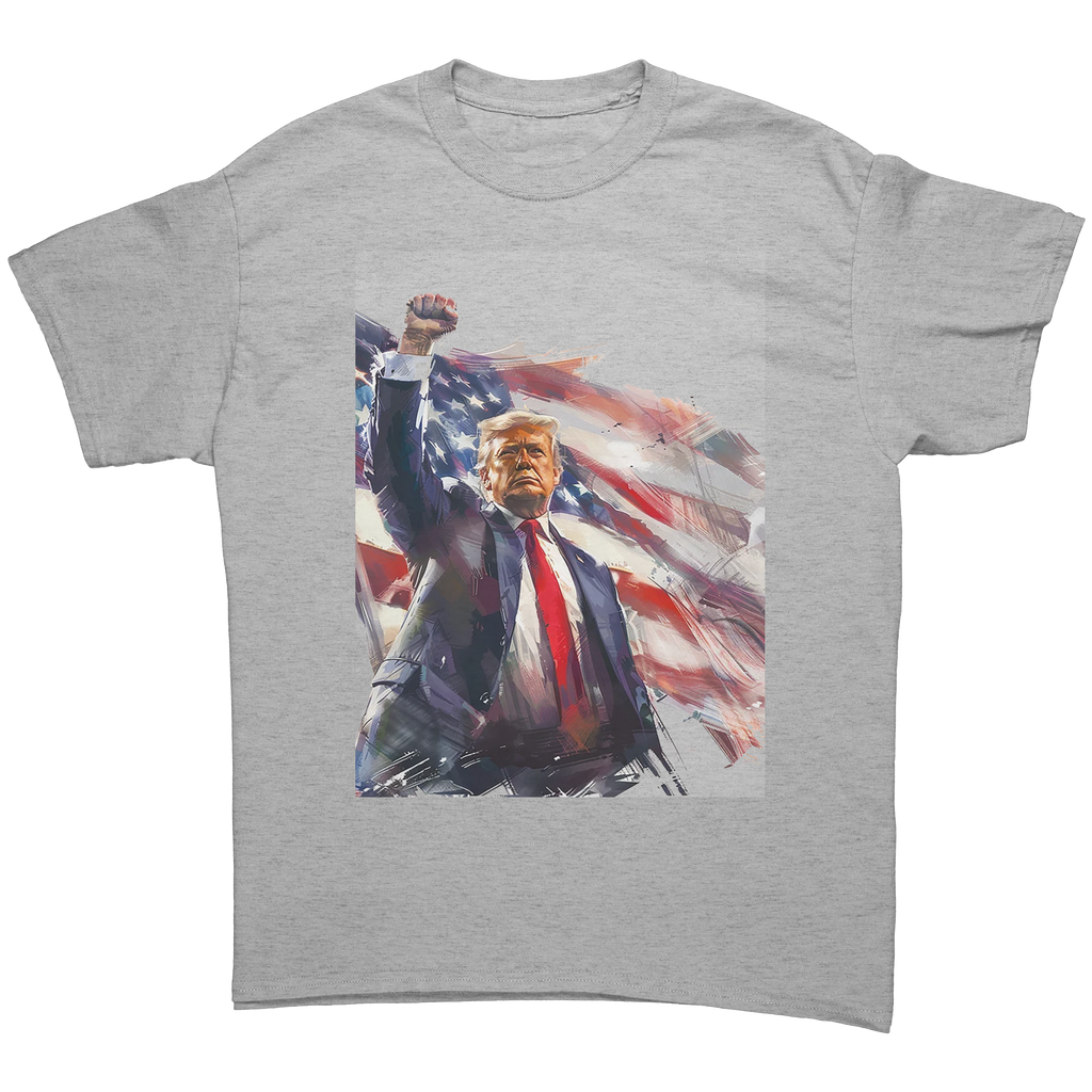 Trump Fist Up Stars And Stripes graphic tee featuring a powerful design with patriotic elements.