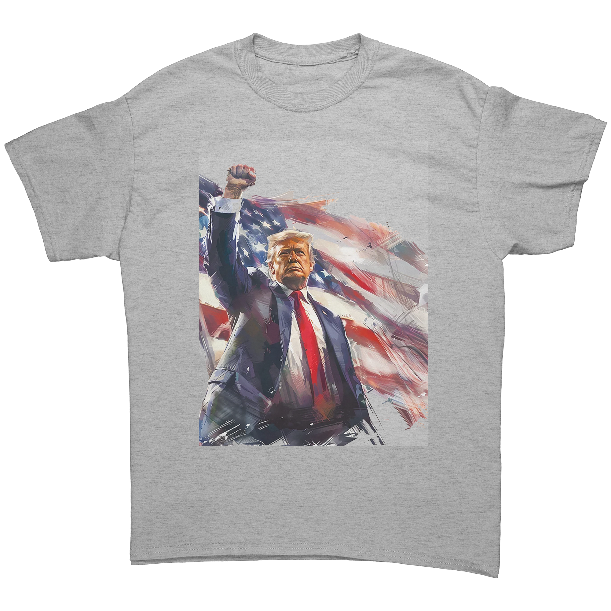 Trump Fist Up Stars And Stripes graphic tee featuring a powerful design with patriotic elements.