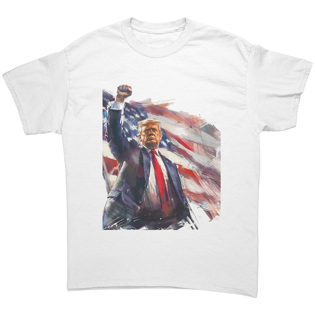 Trump Fist Up Stars And Stripes graphic tee featuring a bold image of Trump with a raised fist against an American flag backdrop.