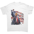 Trump Fist Up Stars And Stripes graphic tee featuring a bold image of Trump with a raised fist against an American flag backdrop.