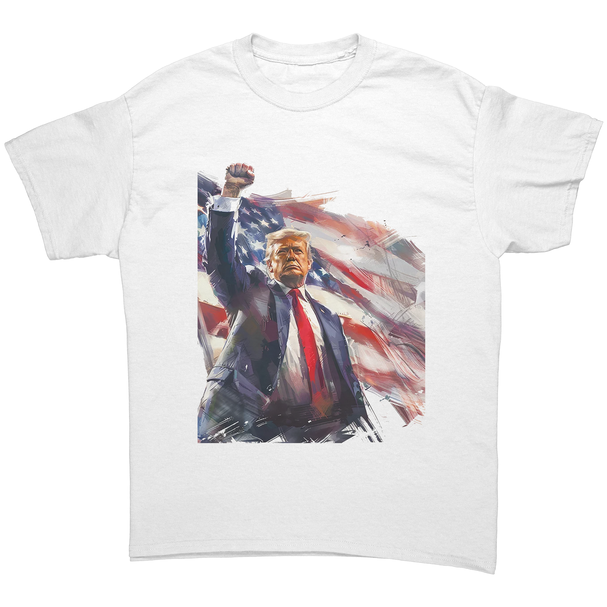 Trump Fist Up Stars And Stripes graphic tee featuring a bold image of Trump with a raised fist against an American flag backdrop.