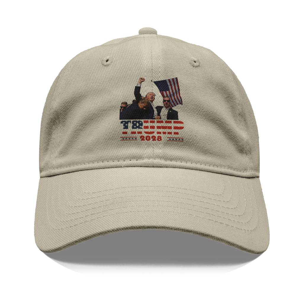 Trump Shot 2028 Graphic Design on a beige cap with patriotic elements and a waving flag.