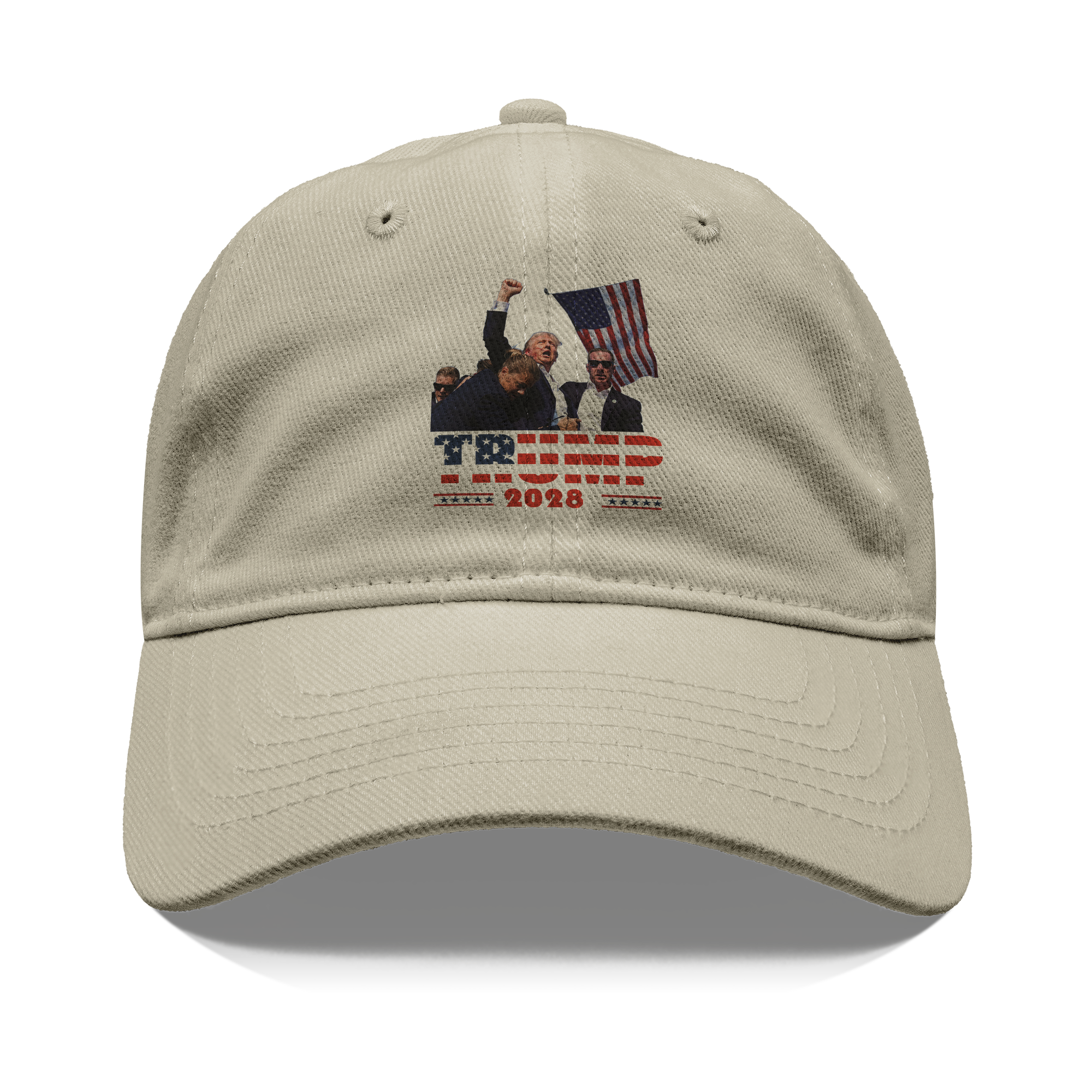 Trump Shot 2028 Graphic Design on a beige cap with patriotic elements and a waving flag.
