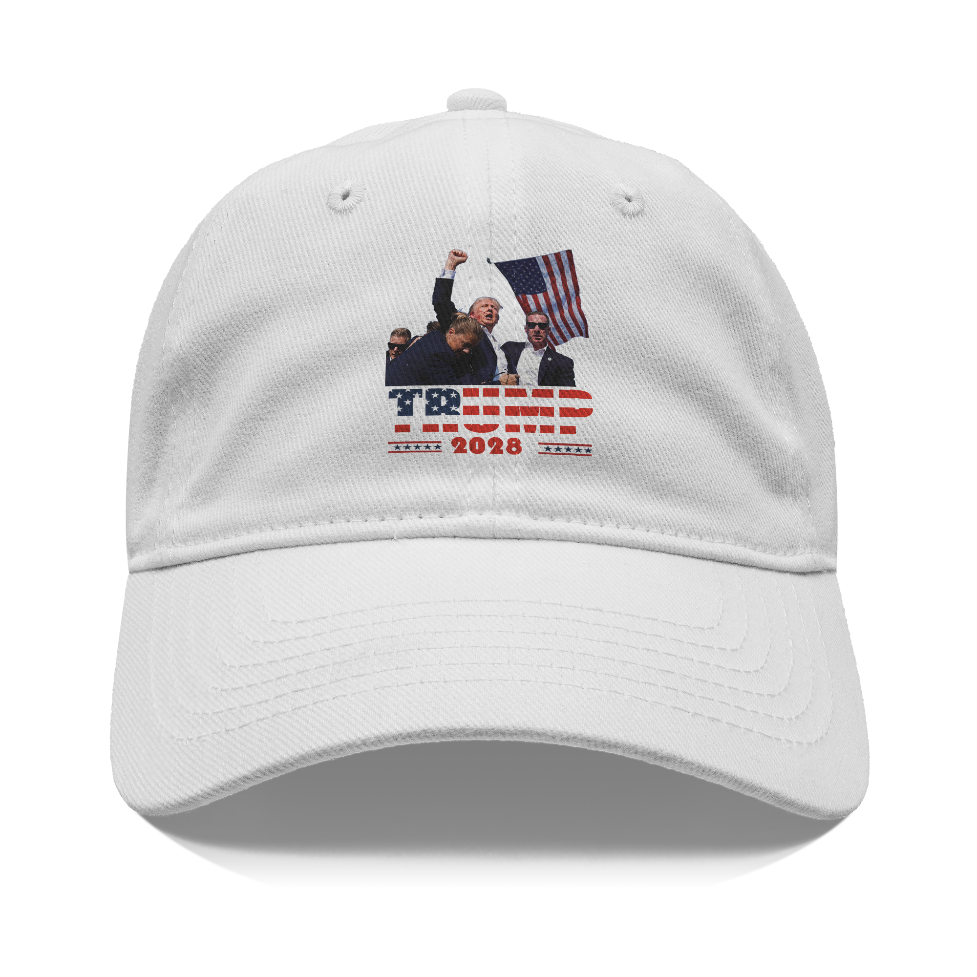 White cap featuring Trump Shot 2028 Graphic Design with patriotic elements and graphic of a rally.