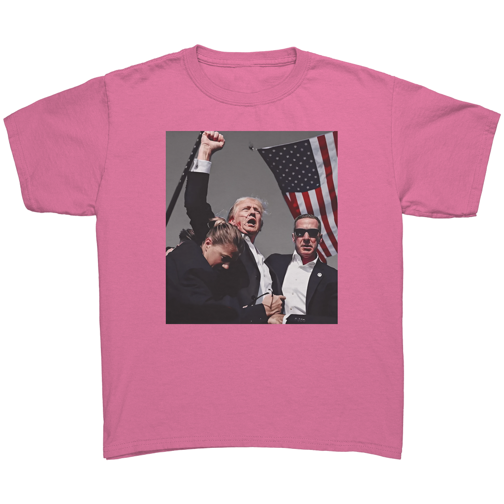Trump Shot Commemorative Apparel graphic tee showcasing a patriotic design with an American flag.