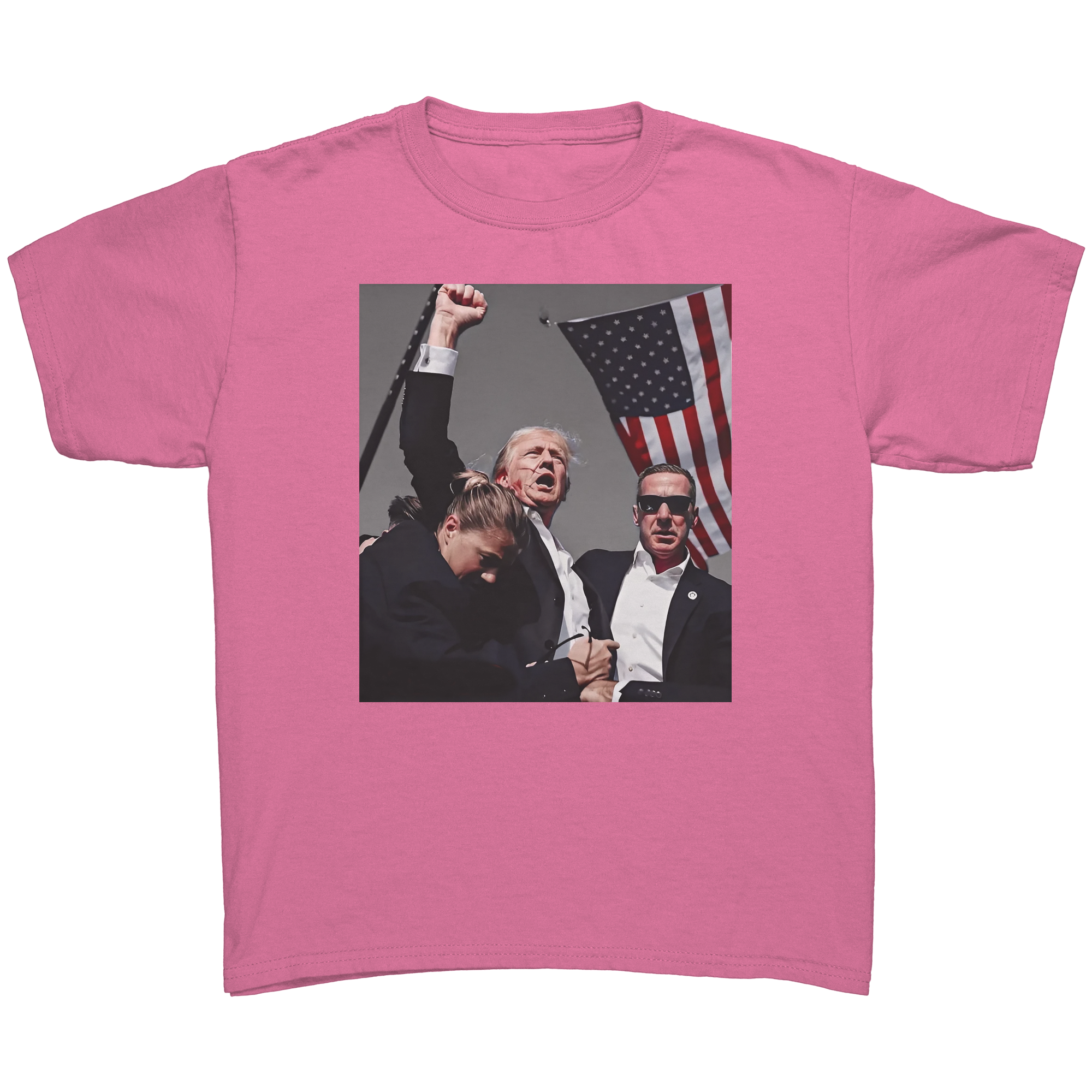 Trump Shot Commemorative Apparel graphic tee showcasing a patriotic design with an American flag.