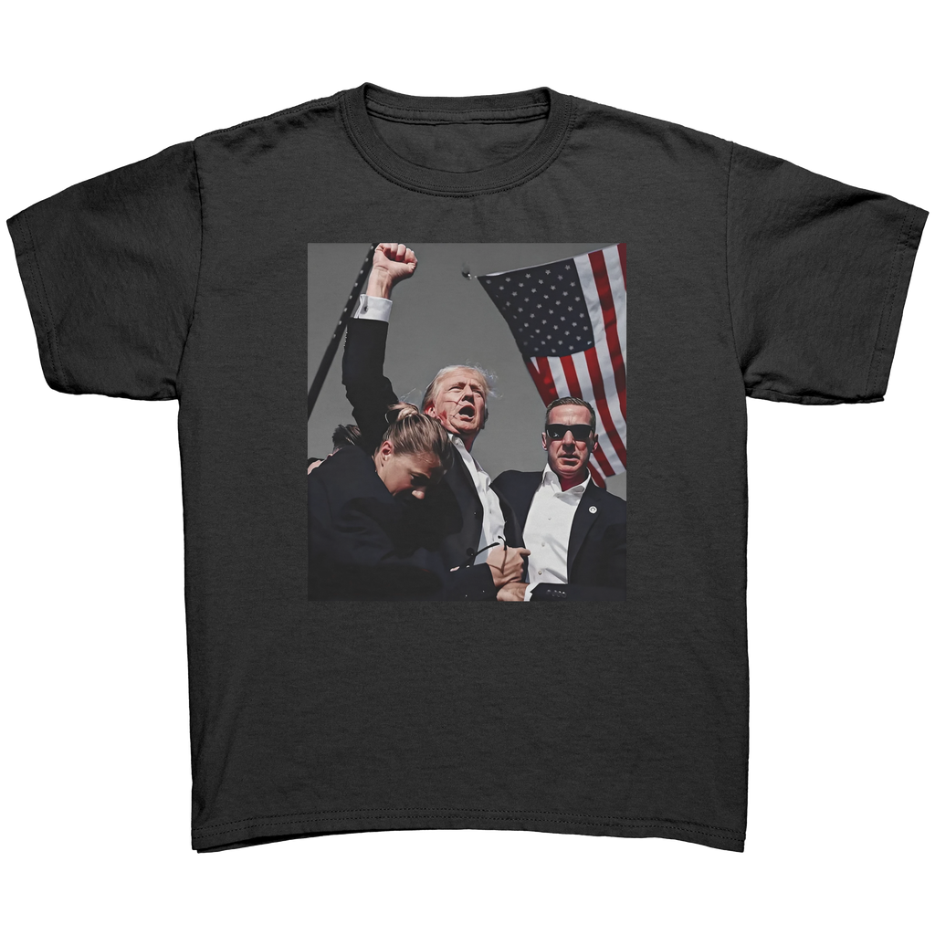 Trump Shot Commemorative Apparel graphic tee featuring patriotic imagery and bold expression of values.