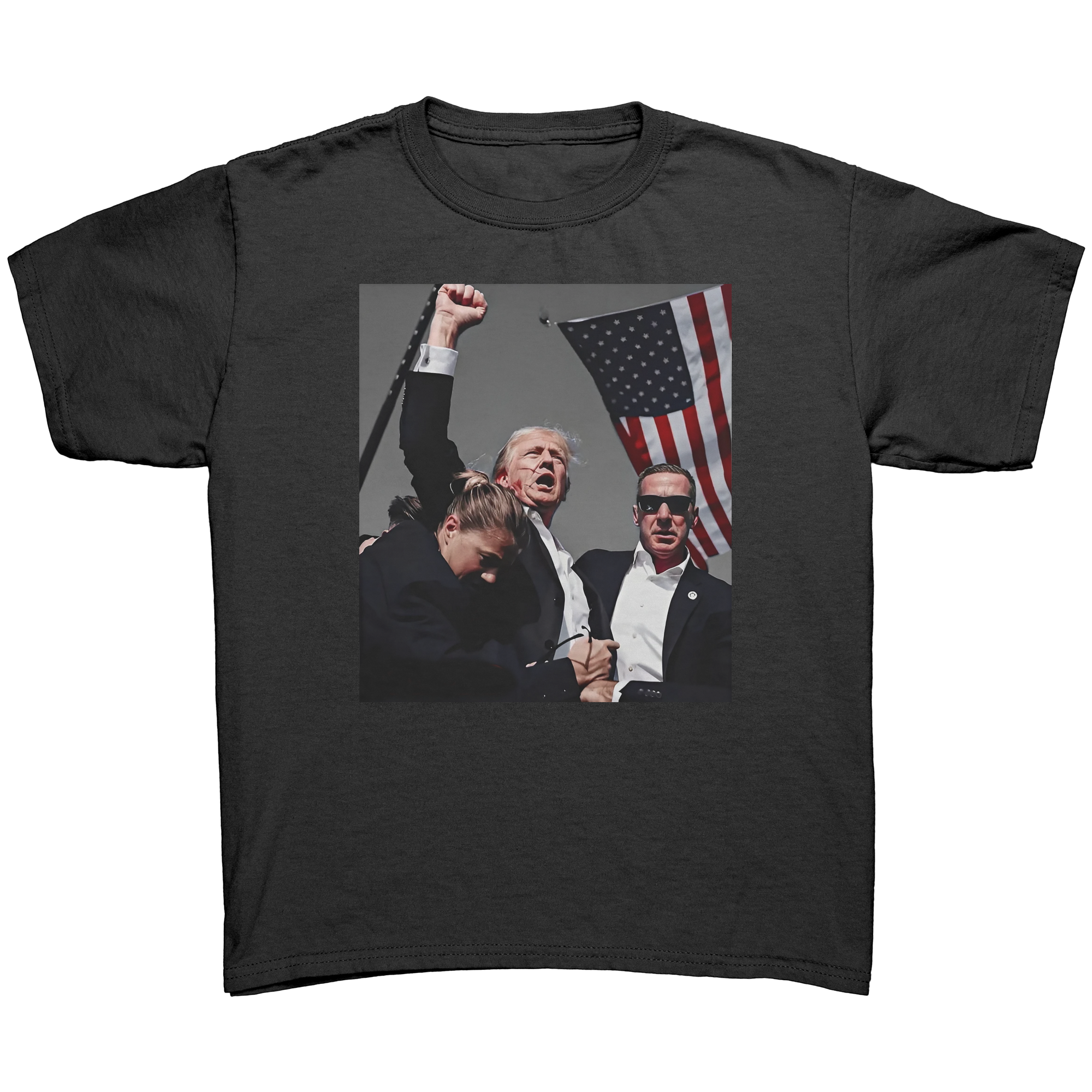 Trump Shot Commemorative Apparel graphic tee featuring patriotic imagery and bold expression of values.