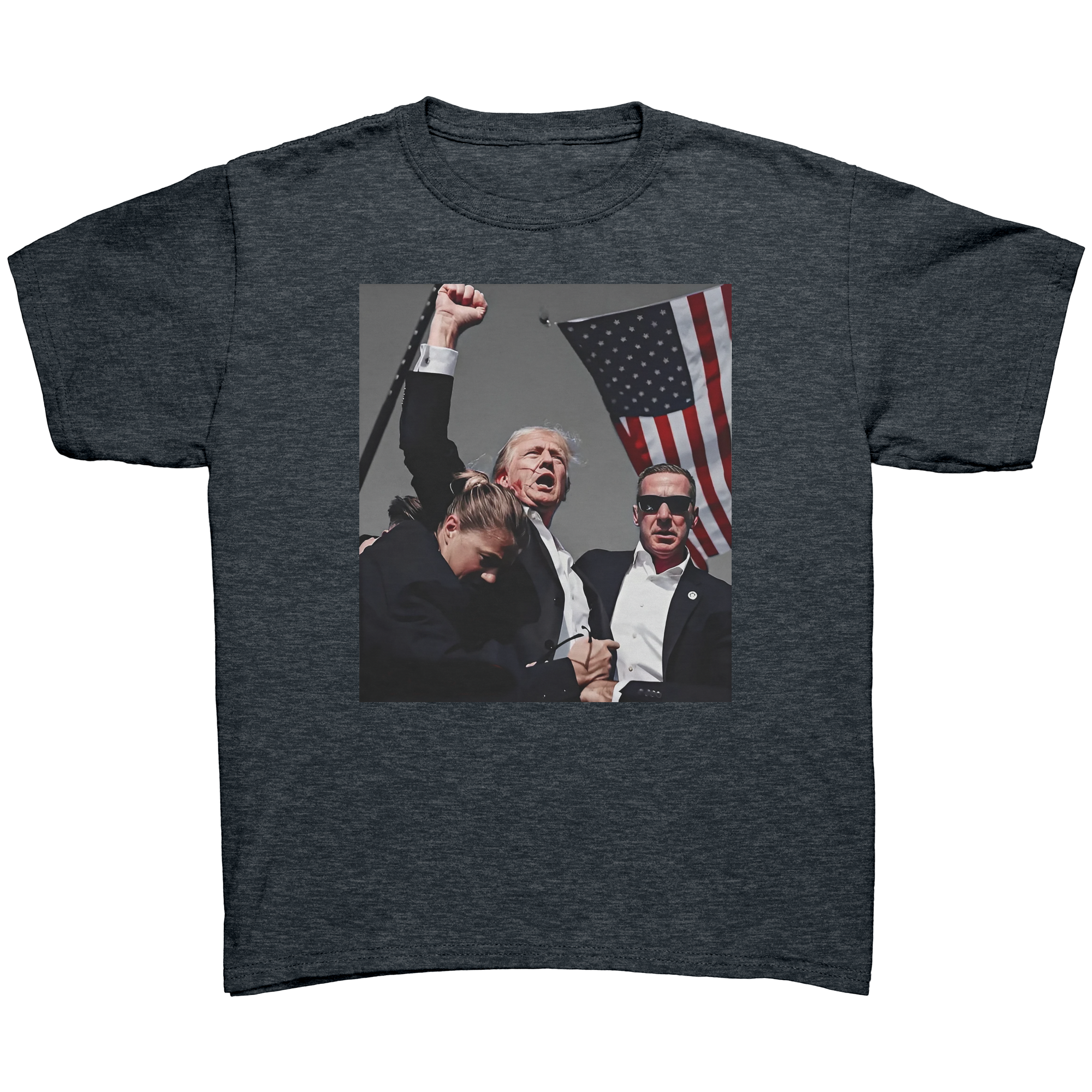 Trump Shot Commemorative Apparel graphic tee featuring patriotic imagery and strong expression of convictions.