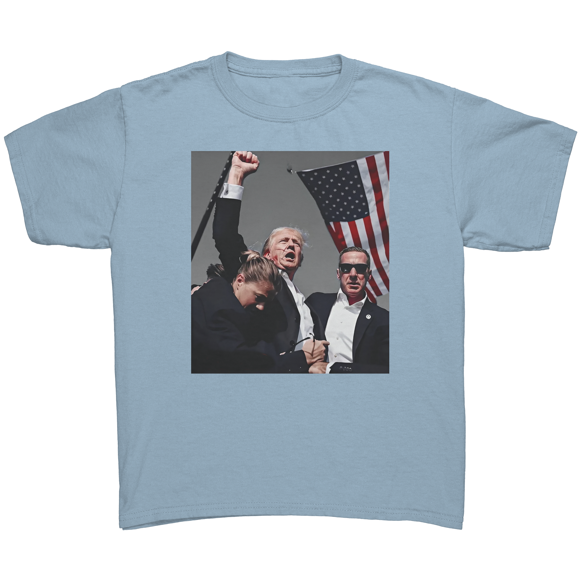 Trump Shot Commemorative Apparel graphic tee featuring patriotic imagery and bold designs.