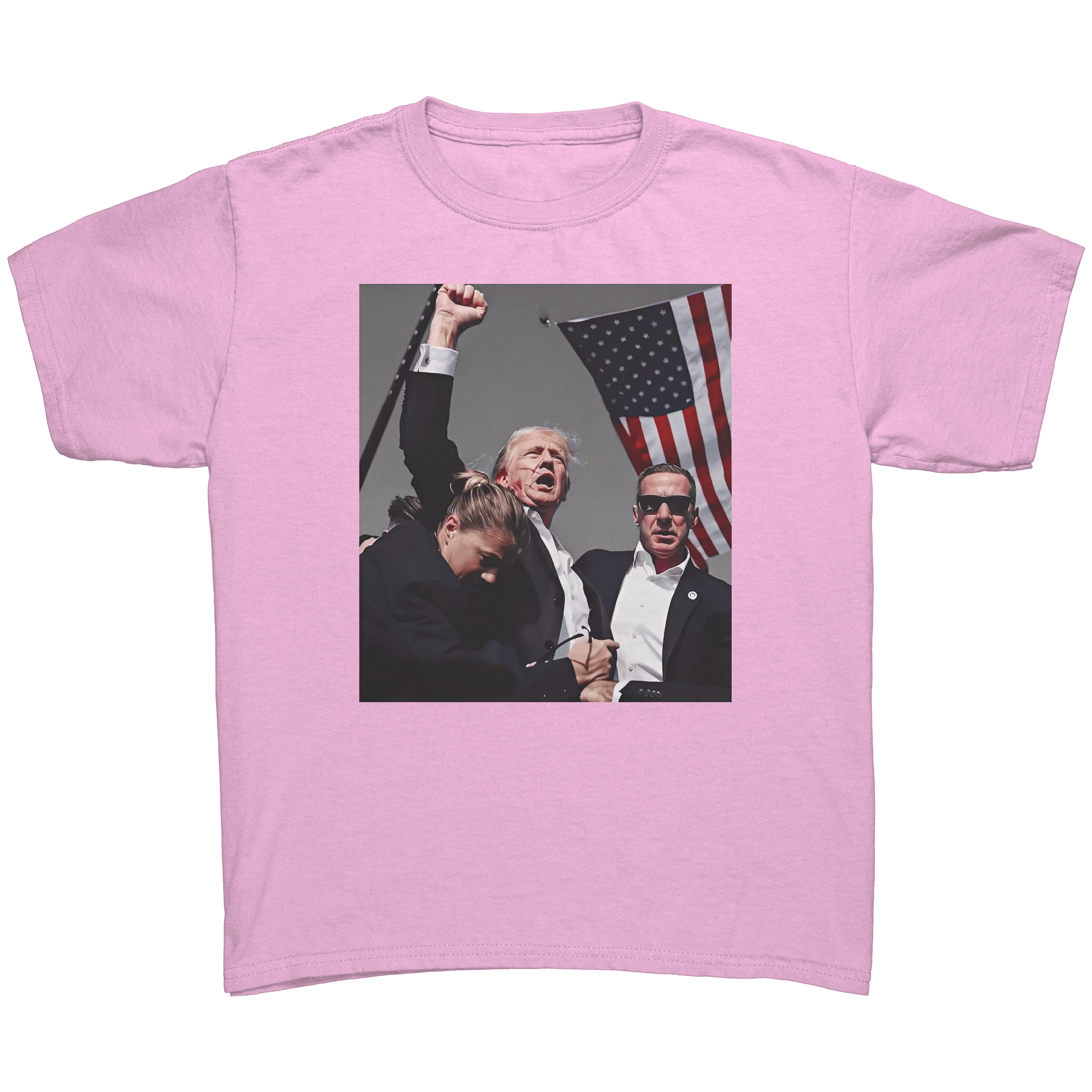 Graphic tee featuring the Trump Shot Commemorative Apparel design with a patriotic theme and bold colors.